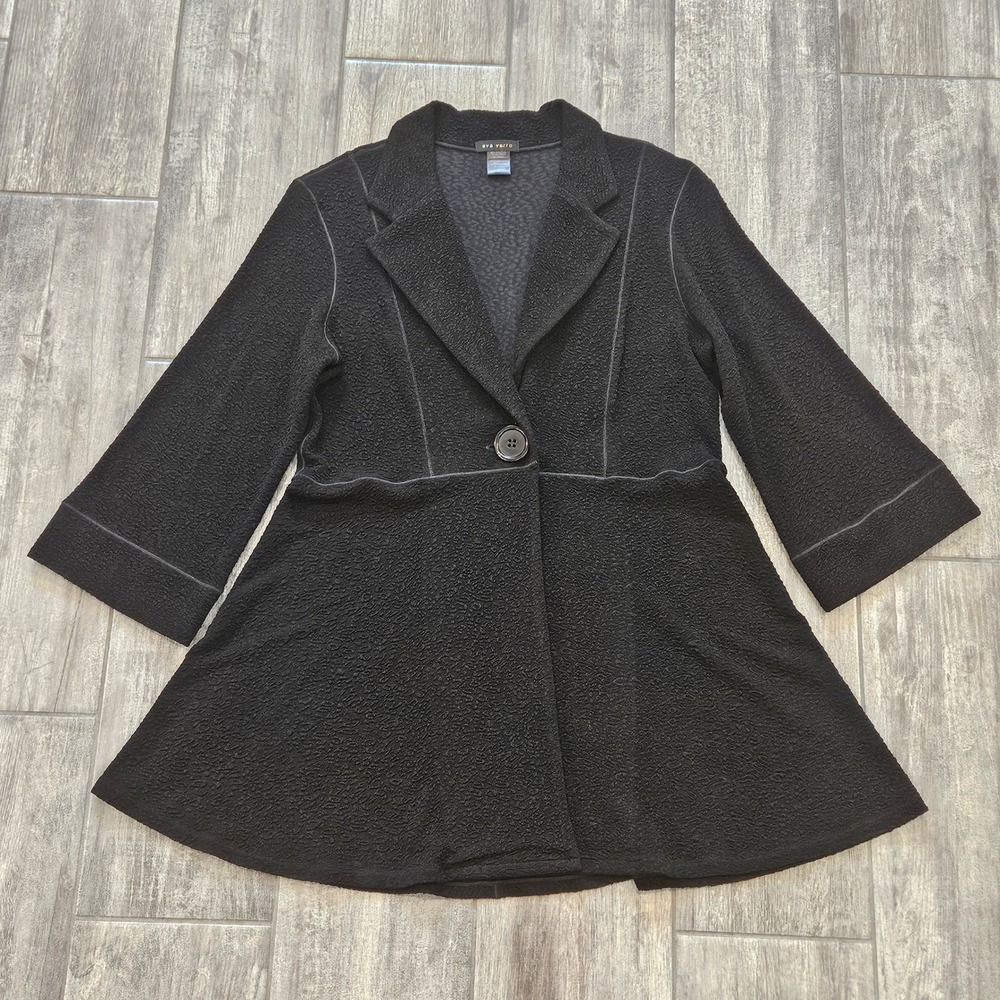 Eva Varro One Button Textured Blazer Jacket Size L Black 3/4 Sleeve Knit USA